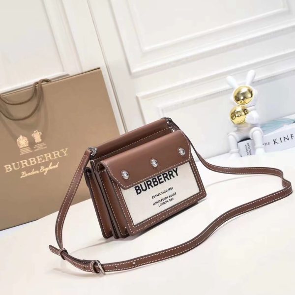 Túi xách tay Burberry, túi xách nhỏ nghiêng, da và vải vải