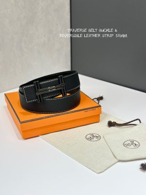 Hermès dây đai băng ngang và dây đai da hai mặt 38 mm